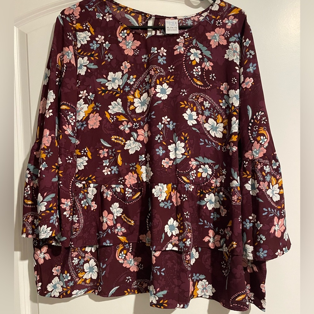 Time and Tru Burgundy Floral Blouse